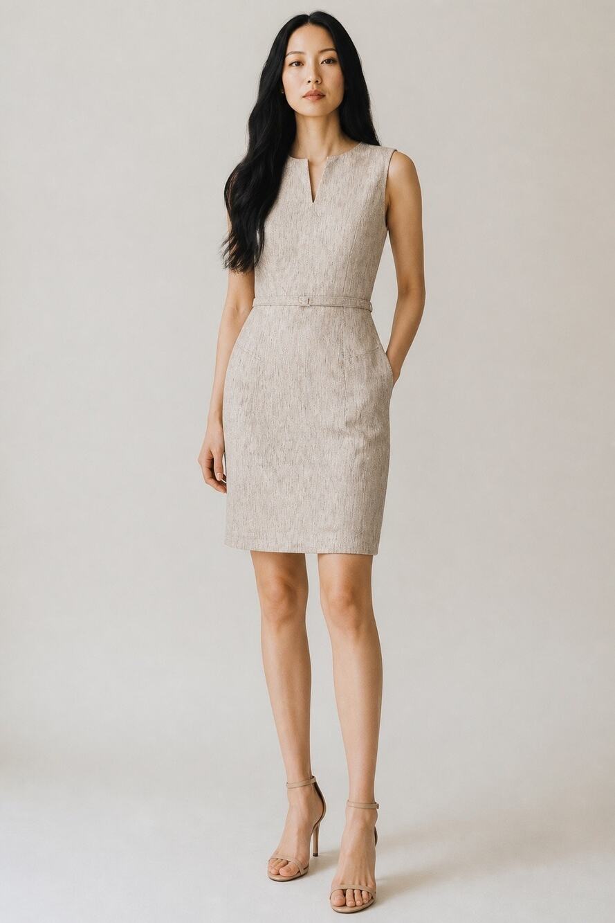David Meister Sz 8 Gold Shimmer Sheath Dress Sleeveless Belted Lined Knee Length